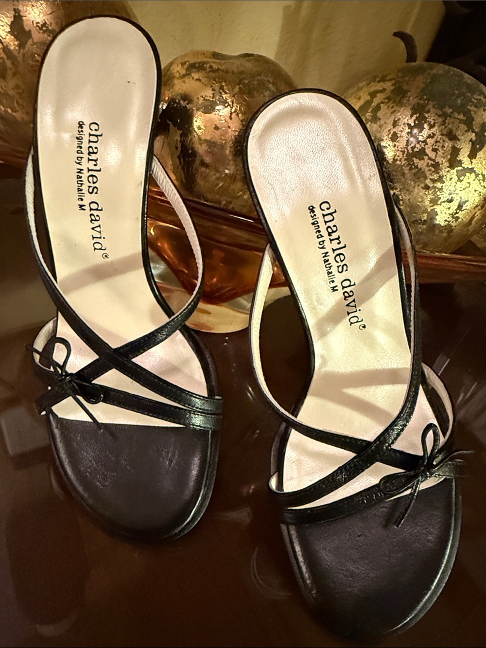 Charles David by Natalie M. Black Leather Strappy Bow Heels NEW